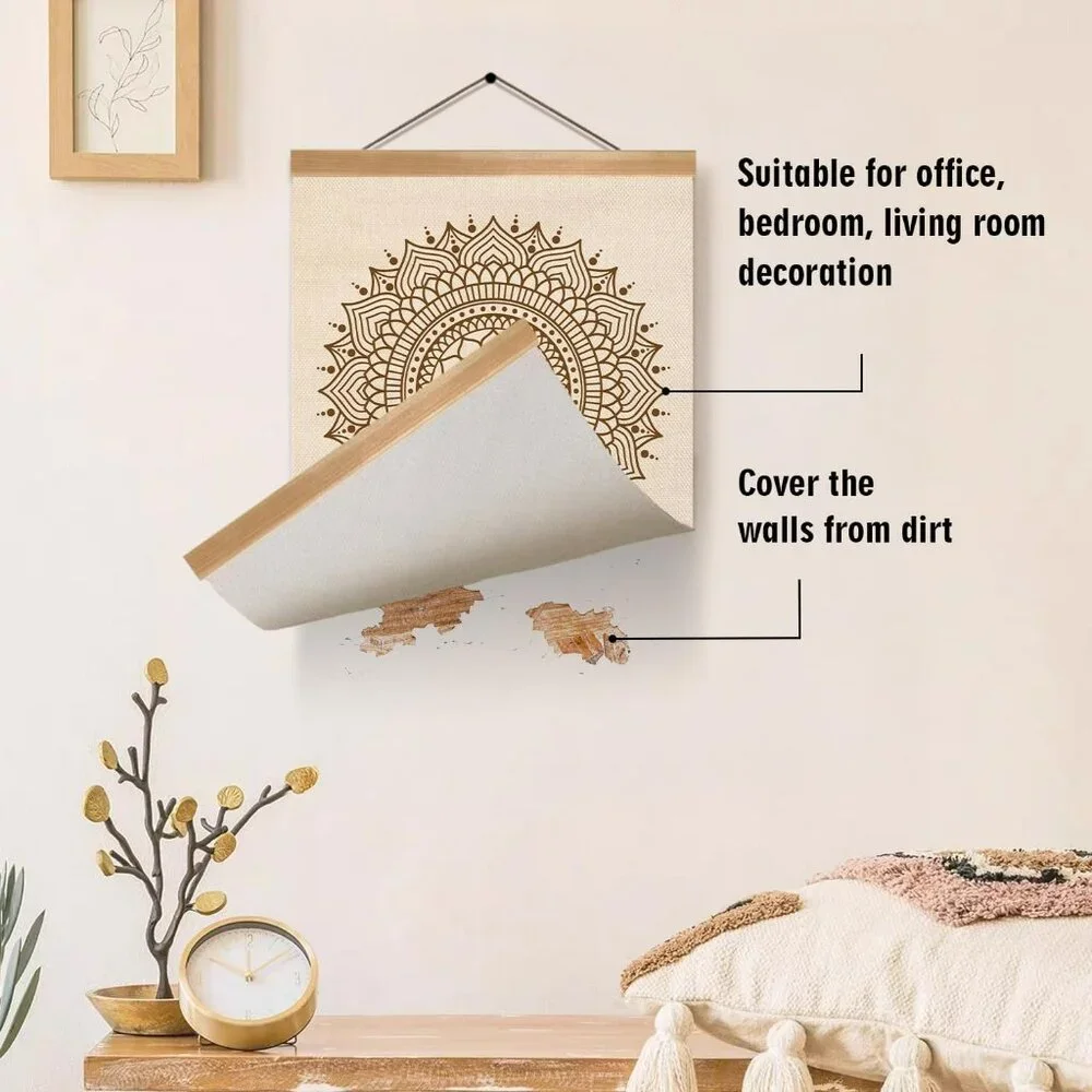 Boho Exhale Wall Hanging Bohemian Canvas and Teak Wood Farmhouse Calming Zen